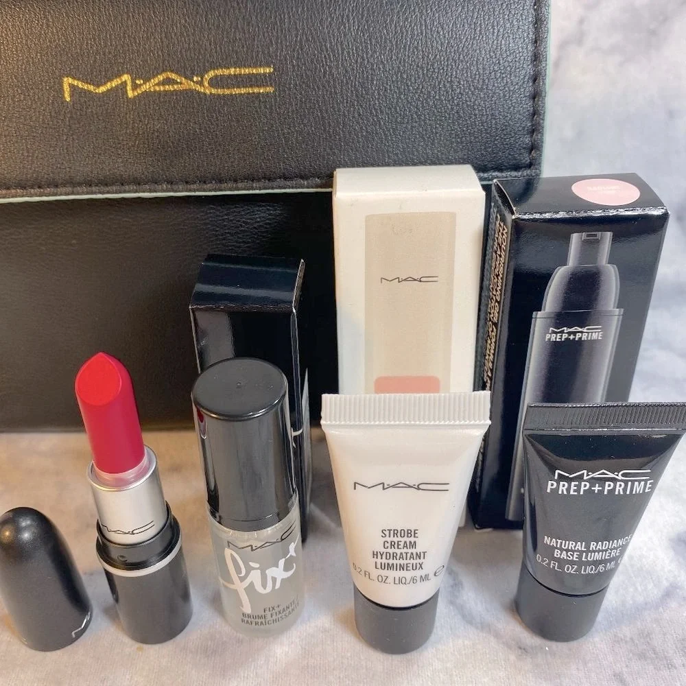 MAC Beauty Gift Set-Black Pouch,Lipstick,Primer,Hydration& Setting Spray-7pc-NEW